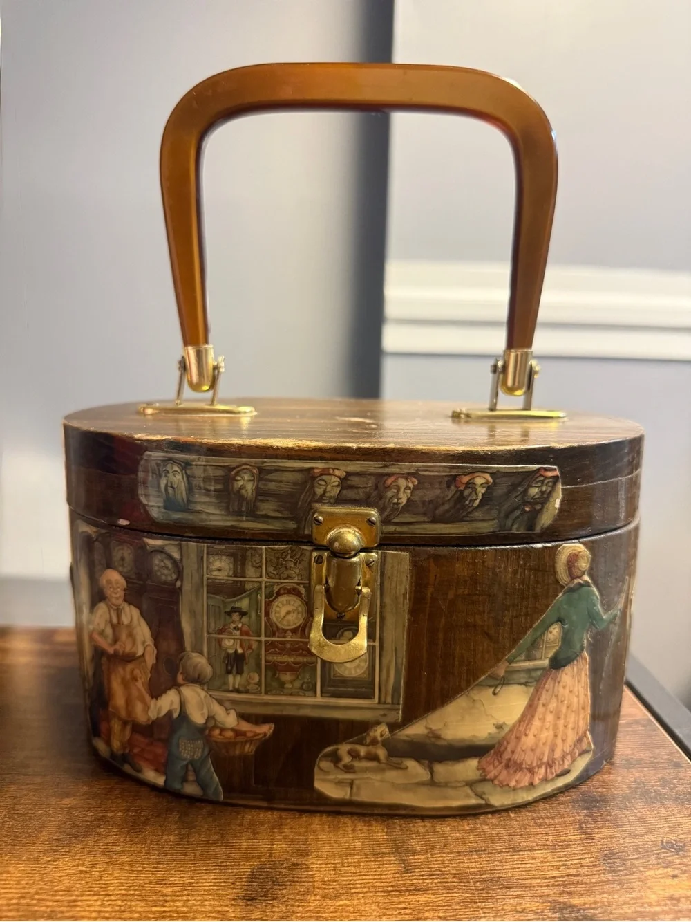 Vintage-Style Art Deco Wooden Handbag - Storage Box Brass Hardware